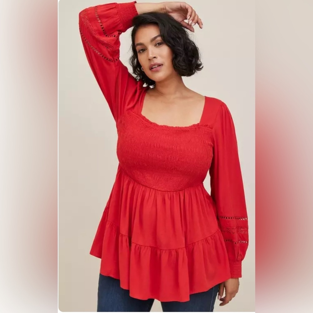 torrid Red Peasant Smocked Babydoll Blouse